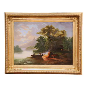 19th Century French River Landscape Oil on Canvas in Carved Gilt Frame, Signed