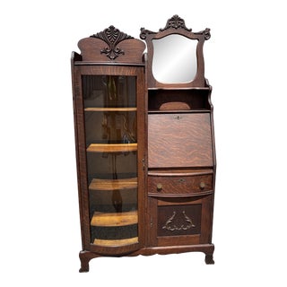 Antique Oak Carved/Bow Front Side by Side Combination Desk with Display Cabinet, Circa 1900 For Sale