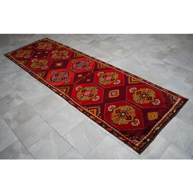 Vintage Hand-Knotted Turkish Area Rug Wide Hallway Rug Gallerie Runner Rug- 3′11″ X 12′6″ For Sale - Image 6 of 16
