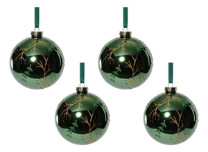 Shiny Green Metallic Glass Ball Gold Leaf & Twig Ornaments, Set of 4, 4.75"