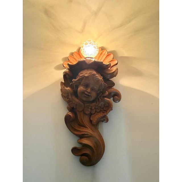 Baroque European Alpine Baroque Style Hand-Carved Cherub Wall Sconces in Spruce, 1970, Set of 2 For Sale - Image 3 of 18