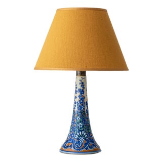 Antique Art Deco Gouda Pottery Table Lamp with New Ochre Linen Shade, 1920s For Sale
