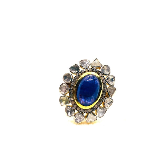Blue Bochic “Orient” Vintage Rose Cut Diamond & Tanzanite Ring Set 18K Gold & Silver For Sale - Image 8 of 10
