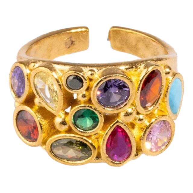Teardrop Colorful Multi Gemstone & Gold Adjustable Statement Ring For Sale