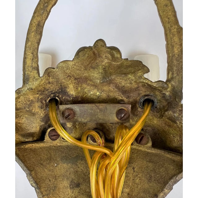 Pair of Vintage French Gilded Bronze Fruit & Flower Basket Wall Sconces, Louis XVI Style For Sale - Image 10 of 10