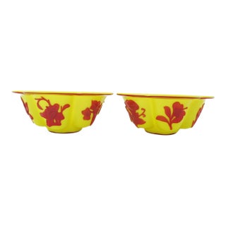 Chinese Imperial Yellow Peking Glass Lobed Bowl Pair With Red Floral Overlay For Sale