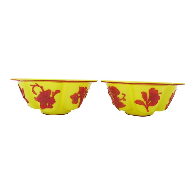 Chinese Imperial Yellow Peking Glass Lobed Bowl Pair With Red Floral Overlay For Sale