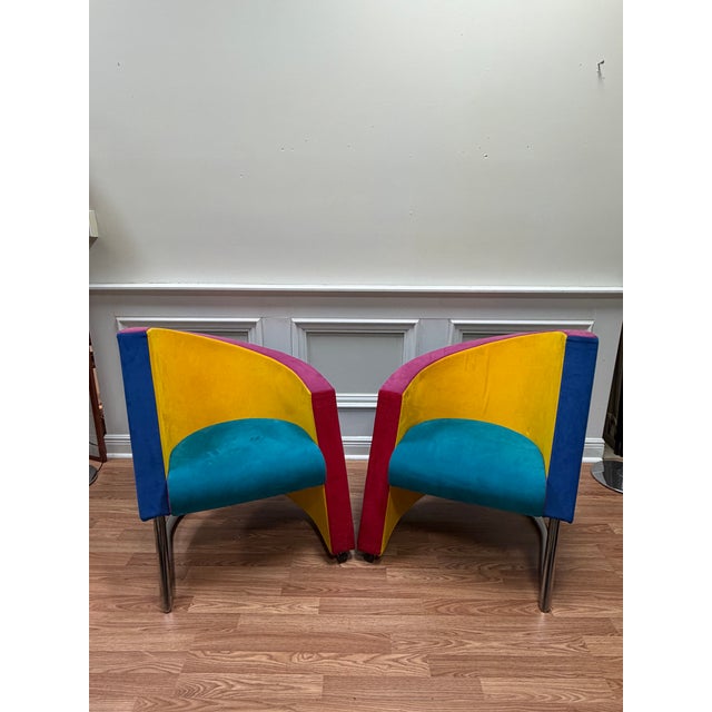 This rare pair of vintage 1980s postmodern armchairs was produced by the renowned Scandinavian manufacturer Møremøbler....