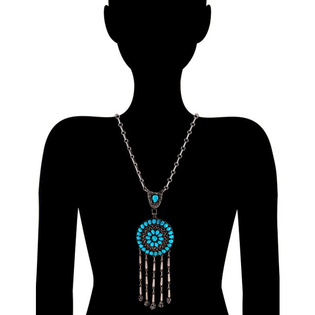 Stylish and finely detailed vintage Zuni Lee & Mary Weebothee turquoise fringe necklace crafted in sterling silver....