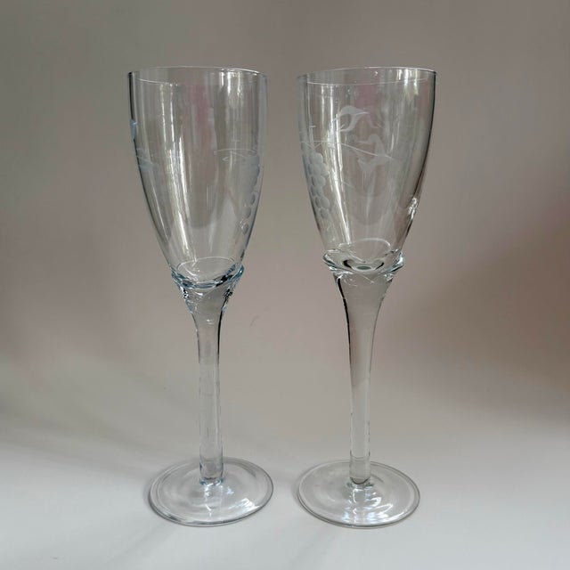 Vintage Handmade Etched Grapevine Champagne Glasses With Tulip Stems – Set of 2 For Sale - Image 9 of 12