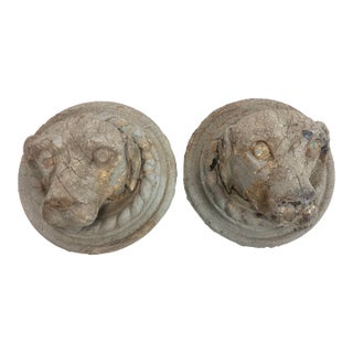 Pair Antique Hand Carved Dog Architectural Salvage Wall Sculpture Conklin Port For Sale