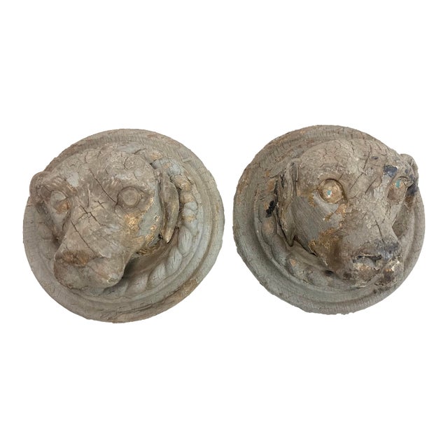 Pair Antique Hand Carved Dog Architectural Salvage Wall Sculpture Conklin Port For Sale