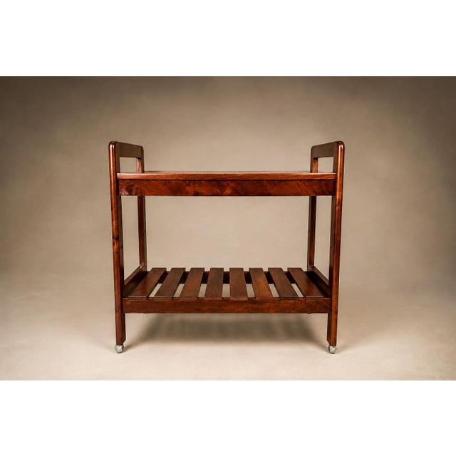 Mid-Century Modern Brazilian Modern Bar Cart in Imbuia Wood With Two Tiers and Slatted Shelf, Brazil, 1960s For Sale - Image 3 of 18