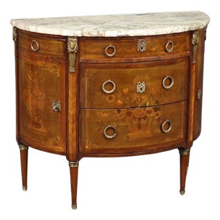 Gorgeous Demilune Marble Top French Inlaid Walnut Satinwood and Bronze Commode For Sale