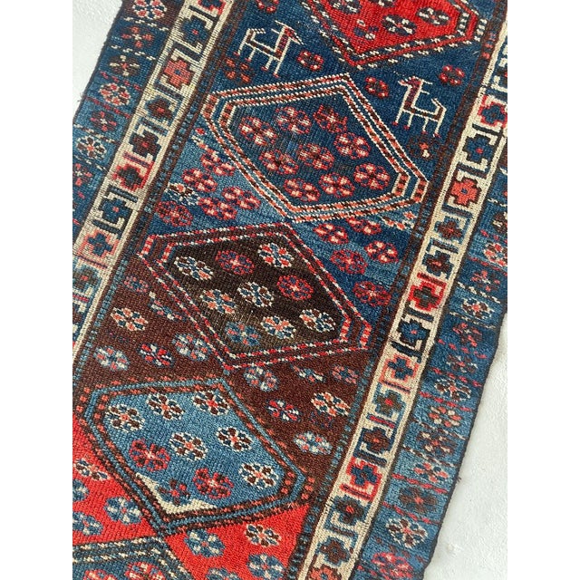 Antique Runner Protective Animals Wild Blues & Rusty Persimmon Rug 3.2 x 10.7 For Sale - Image 13 of 13