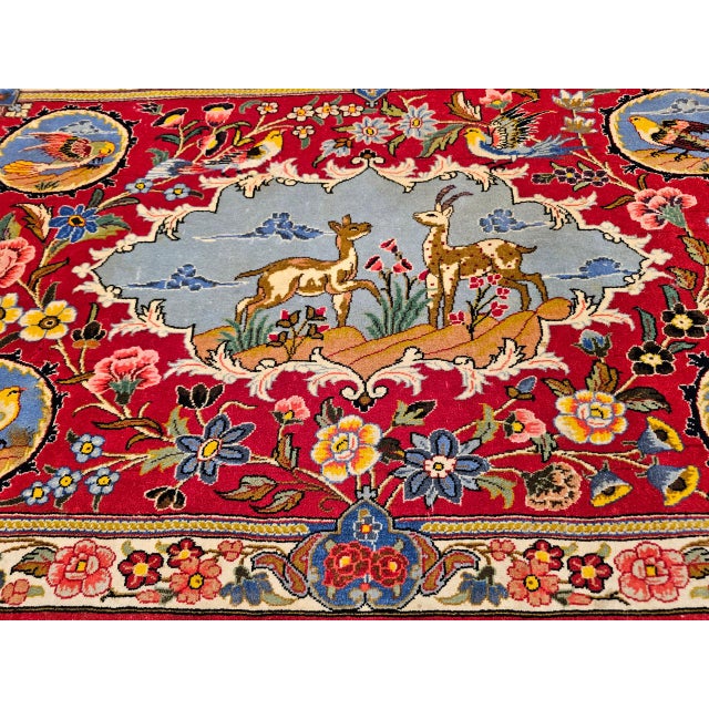 Red Vintage Persian Tabriz Pictorial Rug, Hand-Knotted Wool & Silk, Forest Scene, Red & Blue, 2x3 For Sale - Image 8 of 15