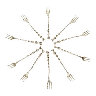 Vintage Hallmarked Sterling Silver "Twist and Ball" Cocktail or Serving Forks, Set of 10 For Sale