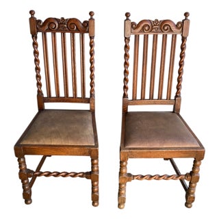 Antique Barley Twist Dining Chairs in Oak, 1900, Set of 2 For Sale