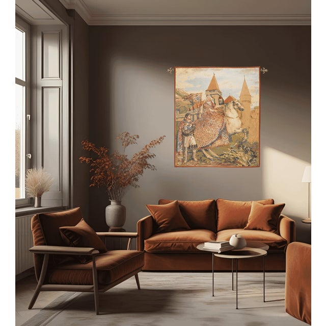 This tapestry portrays Sir Lancelot safeguarding Lady Guinevere as they journey to King Arthur’s court. Woven in rich,...