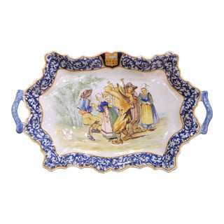 19th Century French Porquier-Beau Quimper Faience Tray Platter With Handles For Sale