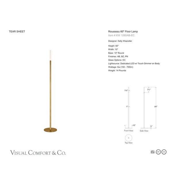 Kelly Wearstler by Visual Comfort Signature Rousseau 60" Floor Lamp in Antique-Burnished Brass with Etched Crystal...
