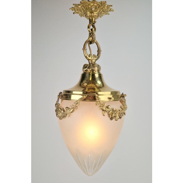 Hollywood Regency Vintage French Brass Ceiling Lamp with Sanded Glass Shade, 1950s For Sale - Image 3 of 13