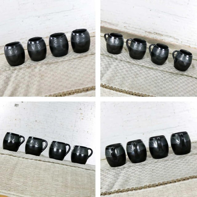 Ceramic Vintage Black Clay Barro Negro Pottery Hot Chocolate Set Oaxaca Mexico 4 Mugs and Fish Tray - 6 pcs For Sale - Image 7 of 13