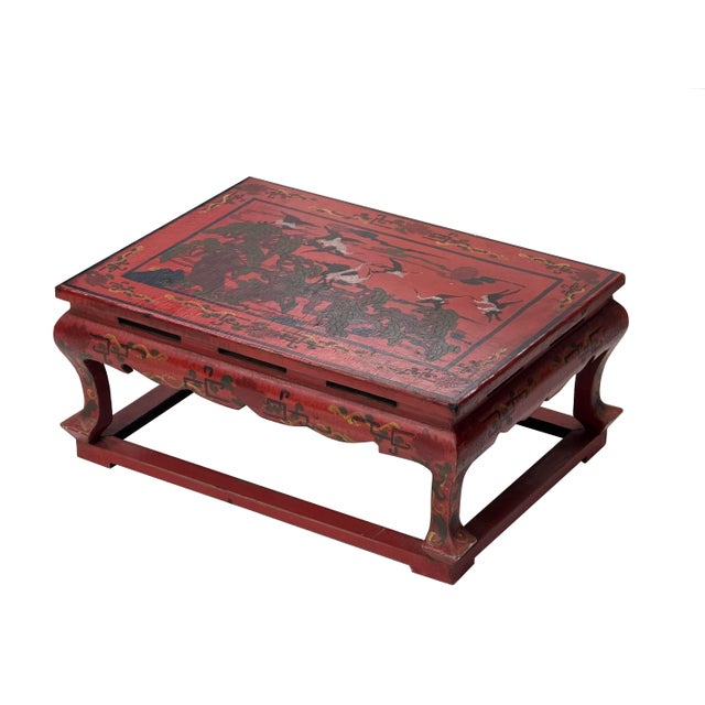 1990s Vintage Distressed Red White Cranes Pine Graphic Rectangular Stand Table For Sale - Image 5 of 12