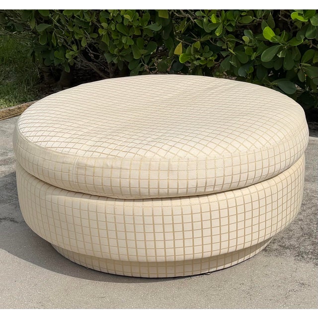 Late 20th Century Vintage 42” Round Postmodern Upholstered Cocktail Ottoman With Down Feather Cushion For Sale - Image 5 of 14
