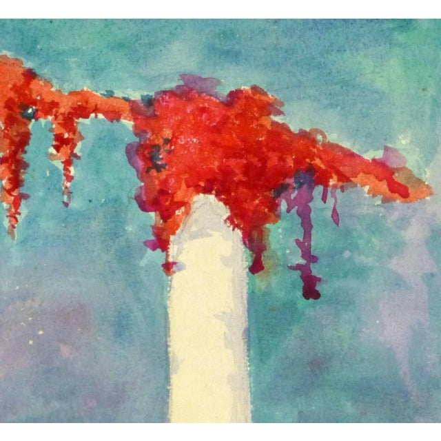 Eye catching watercolor of bright flowering vines covering a towering column along the serene Riviera, circa 1920....