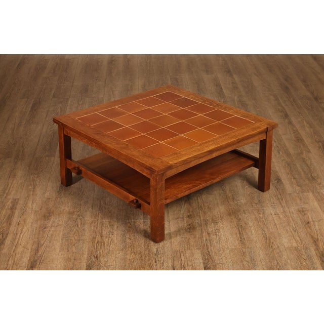 High Quality American Made Coffee Table By Stickley. This Piece Features A Square Oak Frame With A Ceramic Tile Inset Top...