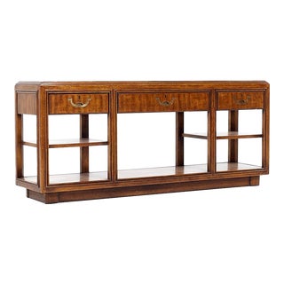 Drexel Campaign Pecan and Brass Console Sofa Table For Sale