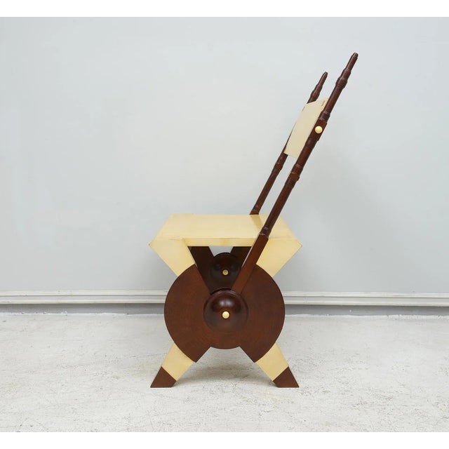 Carlo Bugatti Pair of Carlo Bugatti Inspired Handcrafted Parchment and Mahogany Chairs For Sale - Image 4 of 12