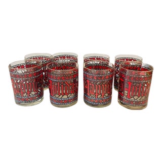 Vintage Mid-Century Modern Cera Houze Stained Glass Double Old Fashioned Happy Holidays Set of 8 For Sale