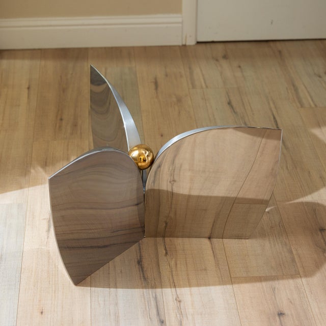 1970s Tripartite Polished Stainless Steel and Gilt-Metal Cocktail Table For Sale - Image 14 of 15