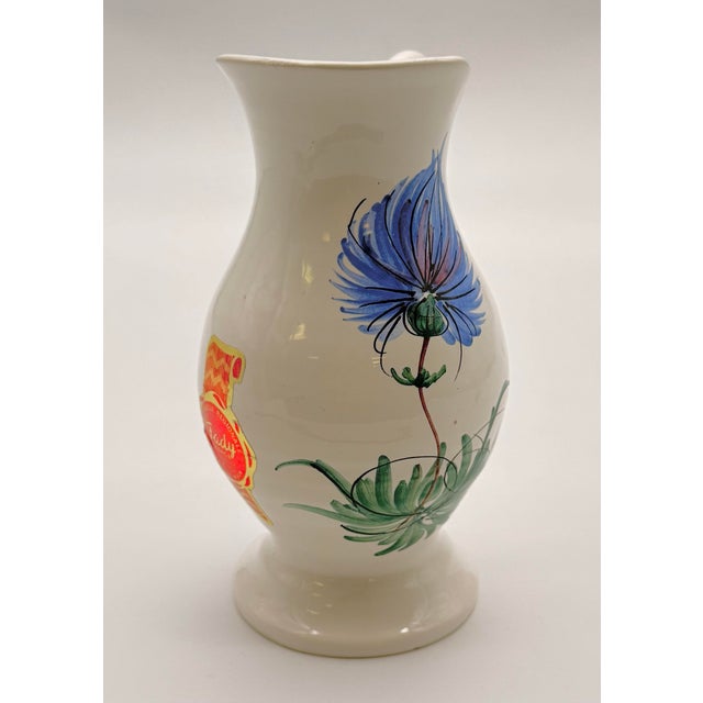 Ceramic Vintage Céramique Fady Vallauris Pitcher - Hand Painted Blue Thistle Flower French Folk Art Pottery, Signed Sticker Exécuté Main For Sale - Image 7 of 7