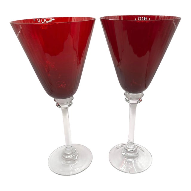 Vintage Elegant Ruby Red Fluted Wine Goblets With Crystal Clear Stems - A Pair For Sale