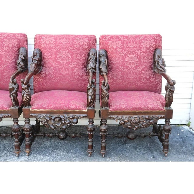 Rare Set of 4 Antique Baroque Walnut Italian Armchairs Carved Figures Andrea Brustolon Style For Sale - Image 11 of 14