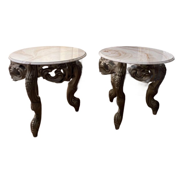 Pair of Vintage Rococo Revival Gilt Side Tables With Faux Marble Tops For Sale