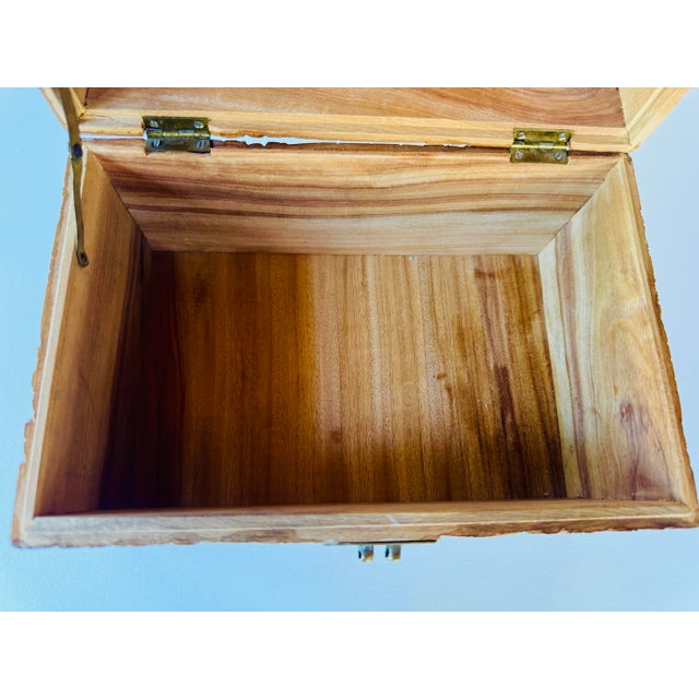 Vintage Chinese Hand Carved Hardwood Jewelry Box Scenic Relief Brass Lock For Sale - Image 12 of 13