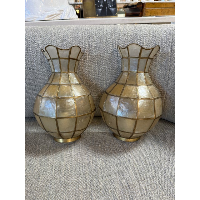 Pair of Capiz Shell and Brass Wall Sconces Small, 1970s For Sale In Los Angeles - Image 6 of 9