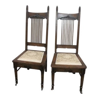 Mid 19th Century Antique Pair of Hand Painted Gothic Oak Side End Accent Hall Chairs For Sale