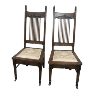 Mid 19th Century Antique Pair of Hand Painted Gothic Oak Side End Accent Hall Chairs