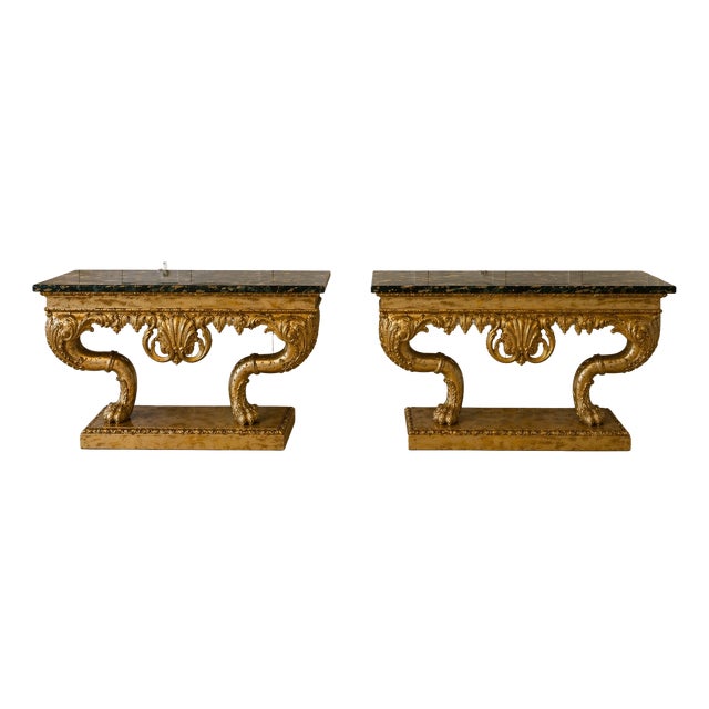 Antique Baroque Revival Italian Giltwood Console Tables with Breccia Marble Tops and Lion's Paw Supports, 1850s, Set of 2 For Sale
