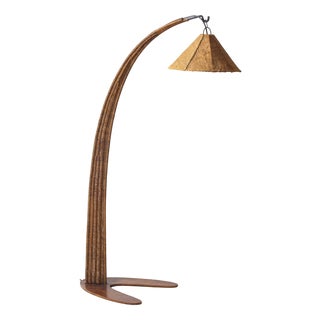 Italian Wood Arc Floor Lamp with Rattan Shade, 1970s For Sale