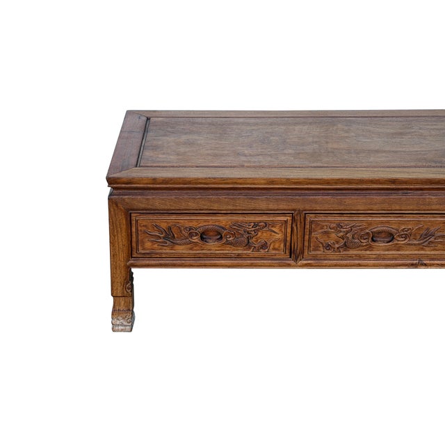 Wood Vintage Natural Wood Pattern Rectangular Drawers Low Coffee Table For Sale - Image 7 of 13