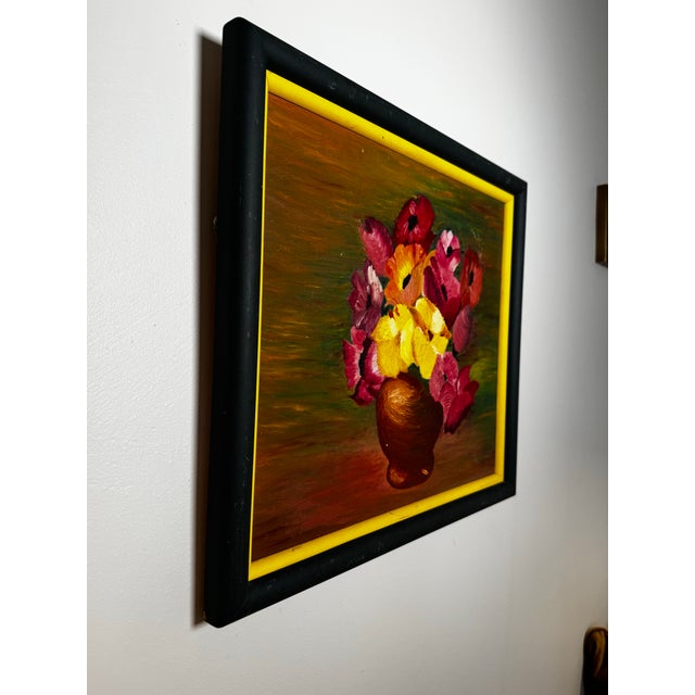 Vintage Mid Century Impressionist "Poppy" Floral Still Life Original Oil Framed Painting in Bottle Green, Dark Pink & Canary Yellow For Sale - Image 10 of 12