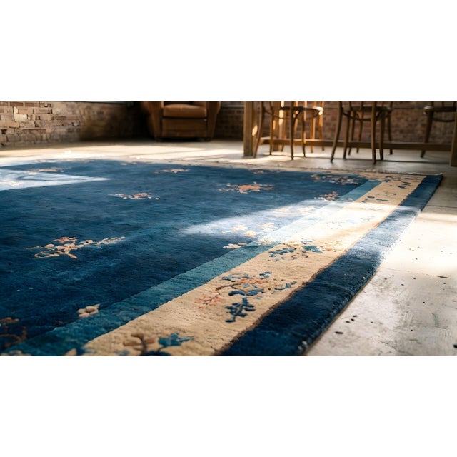 Awesome Blue and Yellow Goldenrod Color With Special Florid Design Antique Chinese Peking Rug For Sale - Image 9 of 9
