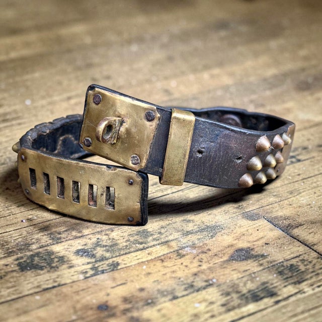 A characterful parisien canine collar, likely late 19th century, made from substantial black leather with triple rows of...