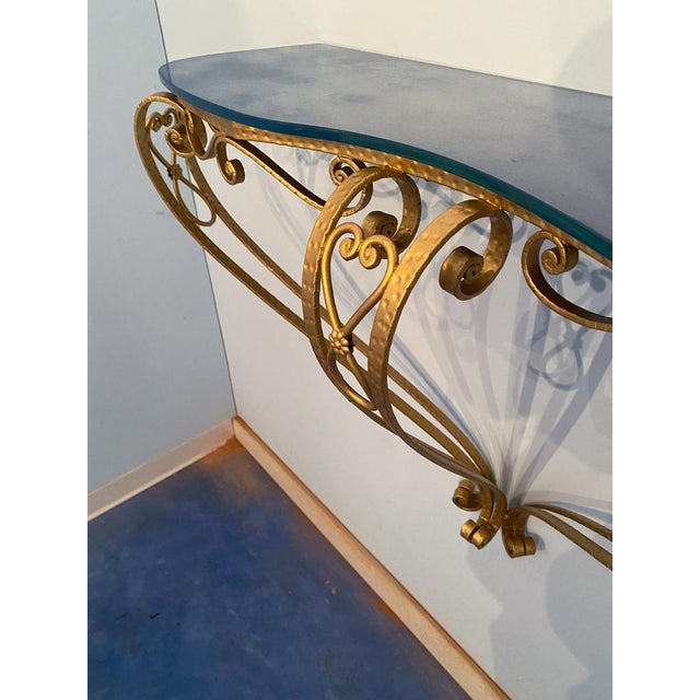 Glass Mid-Century Italian Blue Glass Gold Iron Console Table by Pier Luigi Colli, 1950 For Sale - Image 7 of 16
